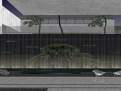 Modern Garden Landscape With Water Curtain Stone Wall Trees And Courtyard Seats 3d model