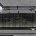 Modern Garden Landscape With Water Curtain Stone Wall Trees And Courtyard Seats