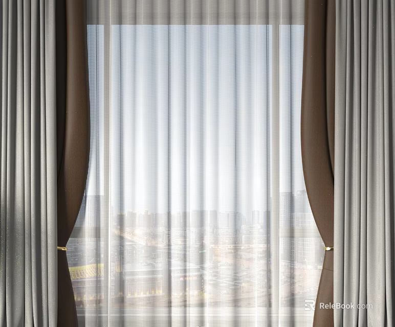 Layered Window Curtains With Light Filtering Sheer And Dark Side Panels For Modern Home 3d model 