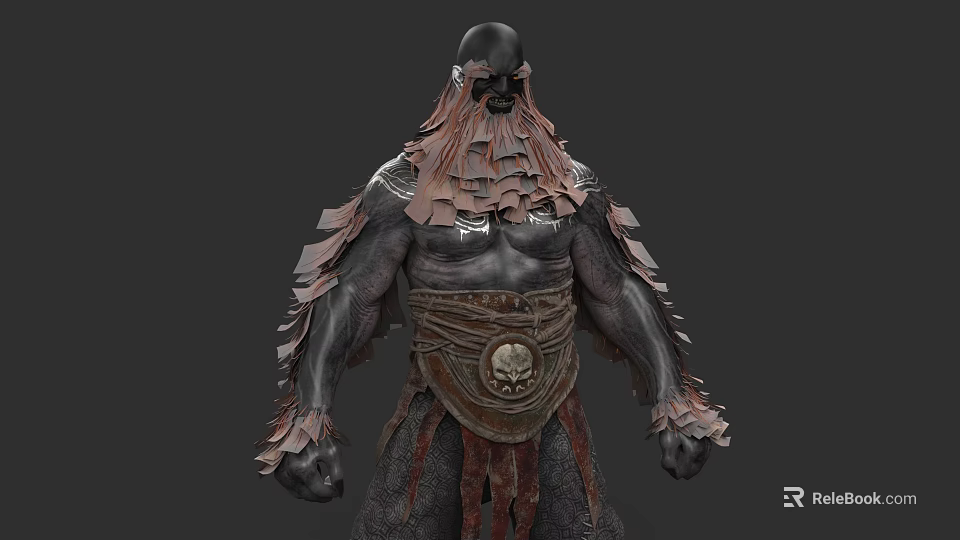 Bald Masked Dark Fantasy Warrior Character With Tattered Leather Armor And Skull Belt 3d model 