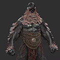 Bald Masked Dark Fantasy Warrior Character With Tattered Leather Armor And Skull Belt