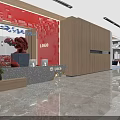 Modern Showroom Interior With Red LOGO Wall Reception Wooden Walls Marble Floor And Car Models