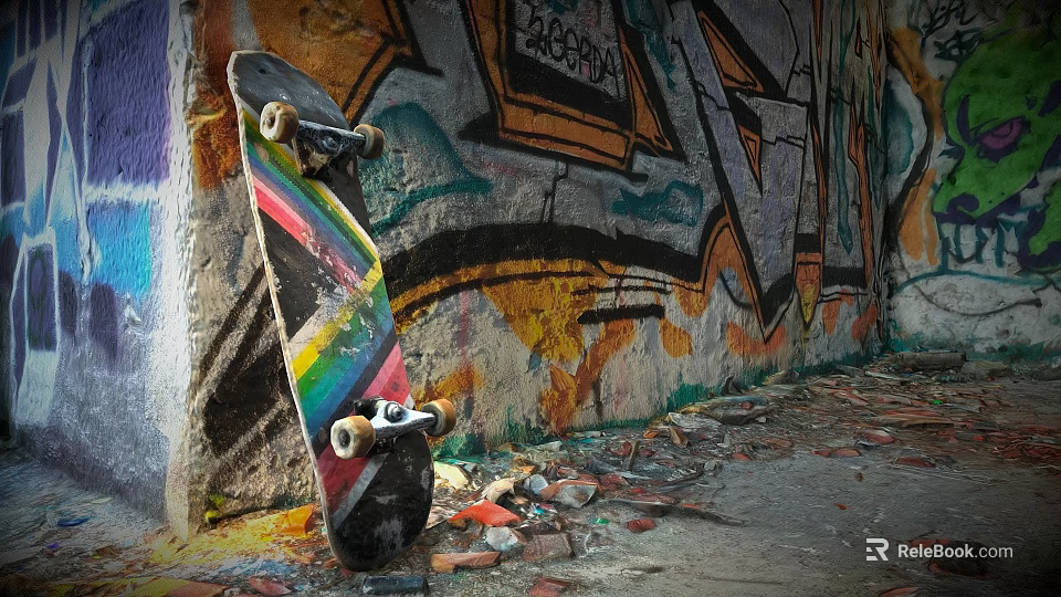 Colorful Striped Skateboard Leaning On Graffiti Wall In Abandoned Urban Spot With Debris 3d model 