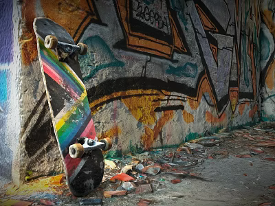 Colorful Striped Skateboard Leaning On Graffiti Wall In Abandoned Urban Spot With Debris 3d model