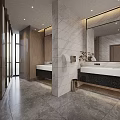 Public Restroom Modern Interior Design With Marble Walls Double Sinks Large Mirrors And Wooden Accents
