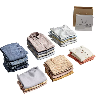 Stacked Folded Clothes Shirts Jeans Knitwear And Stylish Tops With Made For Good Shopping Bag 3d model