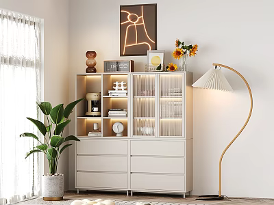 Modern Decorative Cabinet With Glass Doors Lighting Floor Lamp Potted Plant Wall Art And Flower Vase 3d model