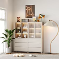 Modern Decorative Cabinet With Glass Doors Lighting Floor Lamp Potted Plant Wall Art And Flower Vase