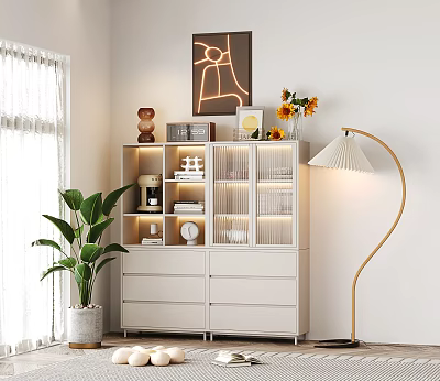 Modern Decorative Cabinet With Glass Doors Lighting Floor Lamp Potted Plant Wall Art And Flower Vase 3d model