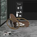 Elegant Modern Lounge Chair With Curved Metal Frame And Dark Wood Shelves On Soft Rug