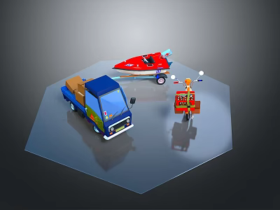 Colorful Cartoon Toy Transport Models Featuring Blue Cargo Truck Red Racer And Delivery Motorcycle 3d model