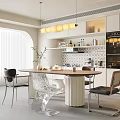 Modern Restaurant Interior With Dining Table Chairs Hanging Lights And Cabinets