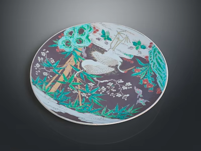 Intricate Decorative Plate Featuring White Crane Bamboo And Floral Design 3d model