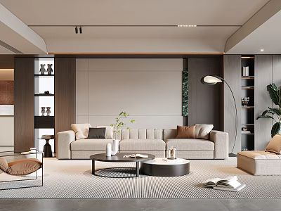 Modern Living Room With Beige Sofa Coffee Tables Floor Lamp Area Rug And Potted Plant 3d model