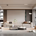 Modern Living Room With Beige Sofa Coffee Tables Floor Lamp Area Rug And Potted Plant
