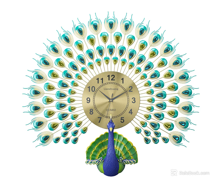 Decorative Peacock Design Wall Clock With Spread Blue Green Feathers And Golden Dial 3d model 