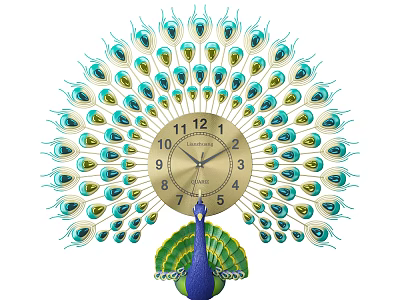 Decorative Peacock Design Wall Clock With Spread Blue Green Feathers And Golden Dial 3d model