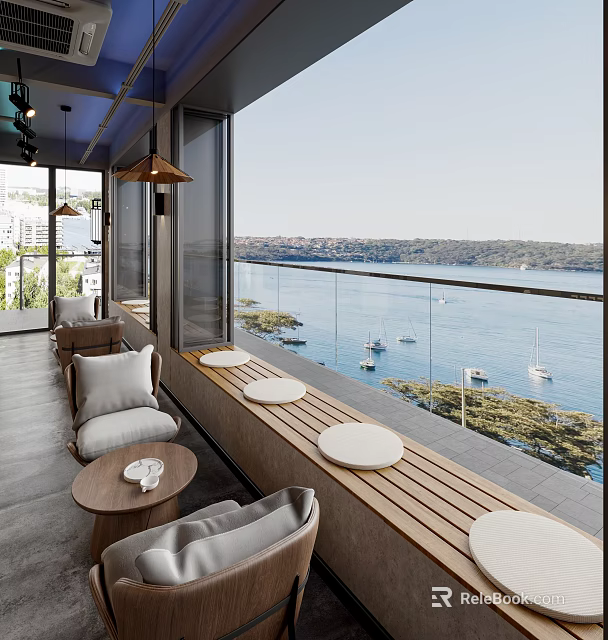 Scenic Waterfront Café With Large Windows Wooden Tables Cozy Seating And Sea View Boats 3d model 