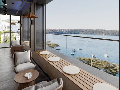Scenic Waterfront Café With Large Windows Wooden Tables Cozy Seating And Sea View Boats 3d model