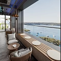 Scenic Waterfront Café With Large Windows Wooden Tables Cozy Seating And Sea View Boats