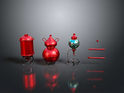 Red And Blue Sculpture Carvings With Jar And Gourd Shapes On Black Reflective Platform 3d model