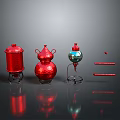 Red And Blue Sculpture Carvings With Jar And Gourd Shapes On Black Reflective Platform