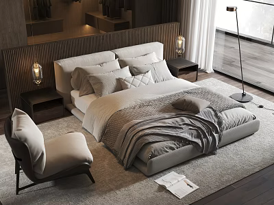 Modern Double Bed In Cozy Bedroom With Pillows Blanket Nightstands And Chair 3d model