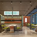 Modern Restaurant Interior With Green Chairs Wooden Ceiling Pendant Lights And Open Seating Area