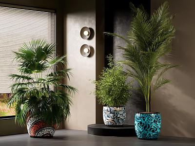 Indoor Potted Plants in Decorative Patterned Pots by Window with Wall Lamps 3d model