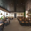 Bright Restaurant Interior With Wooden Tables Chairs Black Ceiling Woven Pendant Lights Green Plant Wall And Large Windows