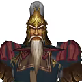 Game Movie Warrior Character With Golden Helmet Long White Beard And Red Decorated Armor