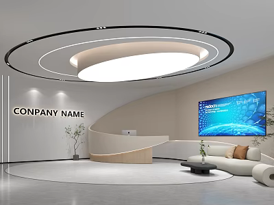 Modern Company Reception Area With Curved Desk Large Screen And Sofa 3d model