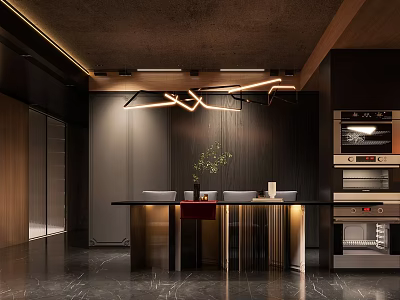 Modern Restaurant Kitchen Open Concept With Island Counter Lighting Cabinets And Appliances 3d model