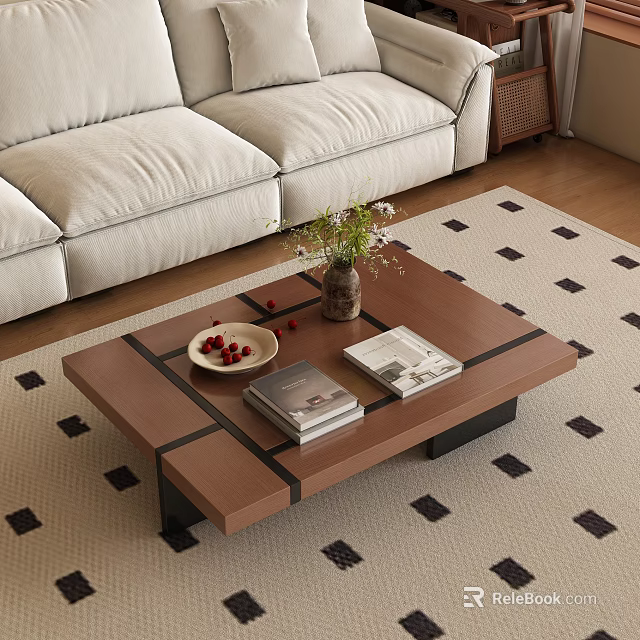 Wooden Coffee Table With Vase Flowers Fruit Plate And Books On Patterned Living Rug 3d model 