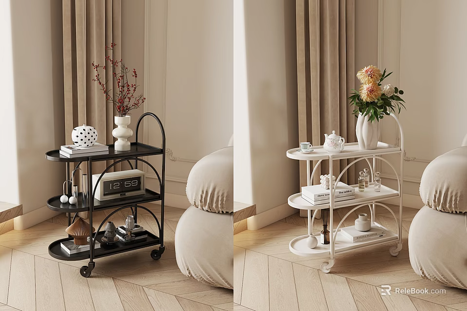 Black And White Wheeled Shelving Unit Holding Vases Books In Living Room 3d model 
