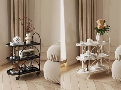 Black And White Wheeled Shelving Unit Holding Vases Books In Living Room 3d model