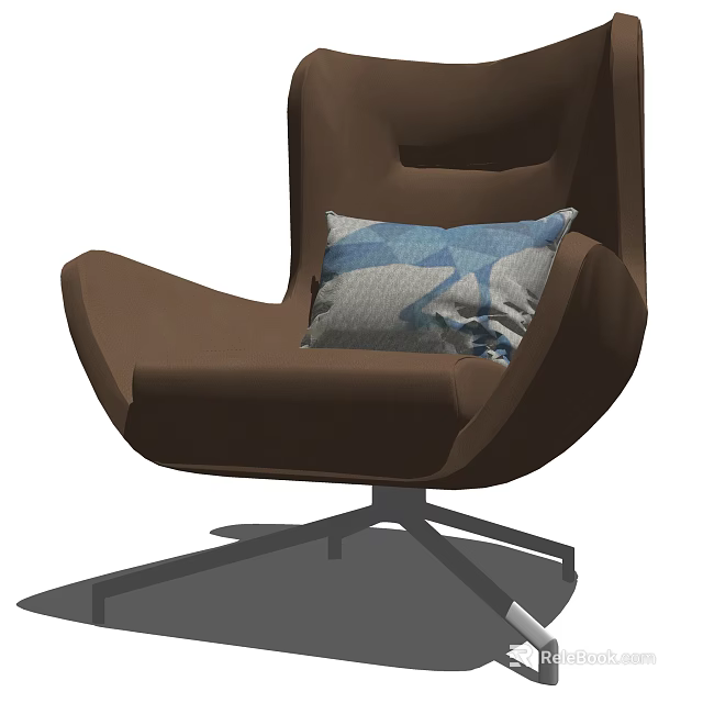Modern Brown Office Chair With Blue Gray Patterned Cushion And Metal Base 3d model 
