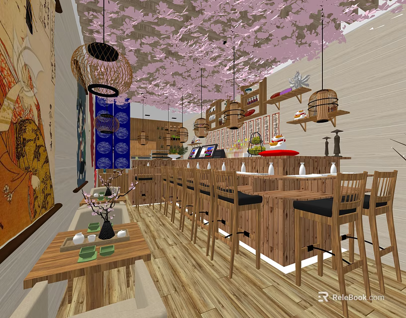 Japanese Restaurant Interior with Cherry Blossom Ceiling Birdcage Pendant Lights Wooden Bar and High Chairs 3d model 