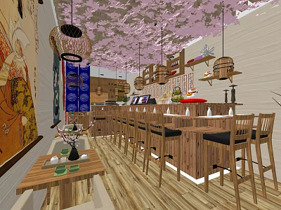 Japanese Restaurant Interior with Cherry Blossom Ceiling Birdcage Pendant Lights Wooden Bar and High Chairs 3d model