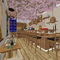 Japanese Restaurant Interior with Cherry Blossom Ceiling Birdcage Pendant Lights Wooden Bar and High Chairs
