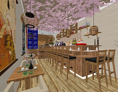 Japanese Restaurant Interior with Cherry Blossom Ceiling Birdcage Pendant Lights Wooden Bar and High Chairs 3d model