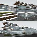 Modern Office Building Design With Rooftop Greenery Open Plaza And Pedestrians