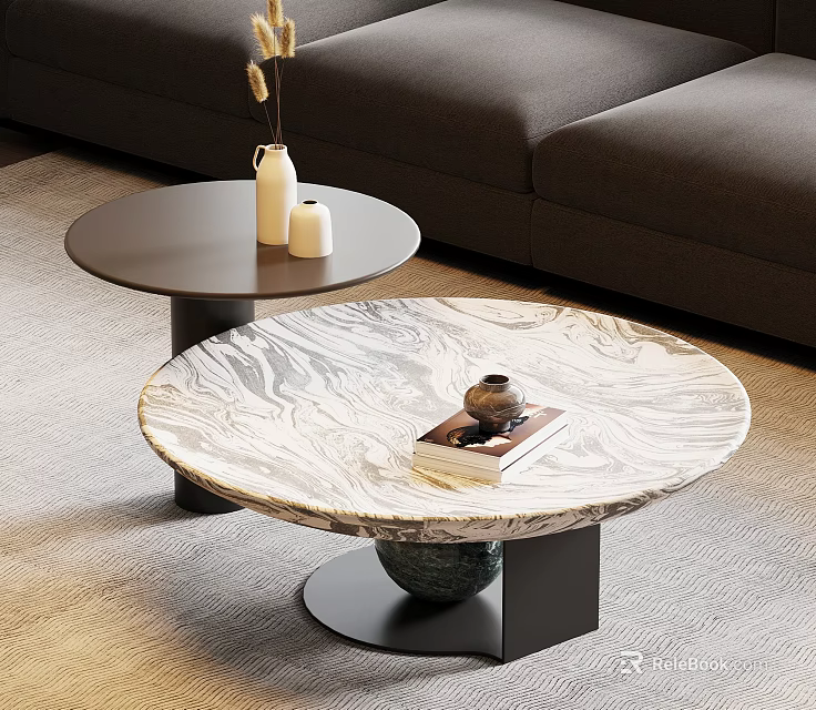 Round Marble Coffee Table With Black Base And Small Side Table Near Sofa With Decor 3d model 