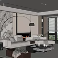 Modern Living Room With Beige Sofa Floor Lamp Marble Accent Wall And Coffee Table