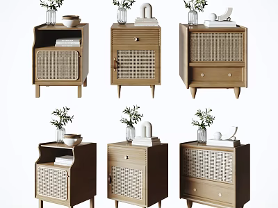 Modern Wooden Bedside Tables With Woven Details Drawers And Decorative Items 3d model