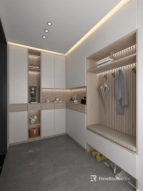 Elegant Modern Entryway Interior With Storage Cabinets Coat Hooks Bench And Decor Items 3d model 
