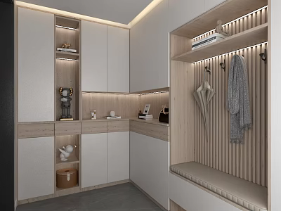 Elegant Modern Entryway Interior With Storage Cabinets Coat Hooks Bench And Decor Items 3d model