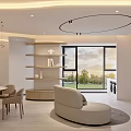 Modern Living and Dining Room with Round Marble Table Chairs Pendant Light and Green Plant