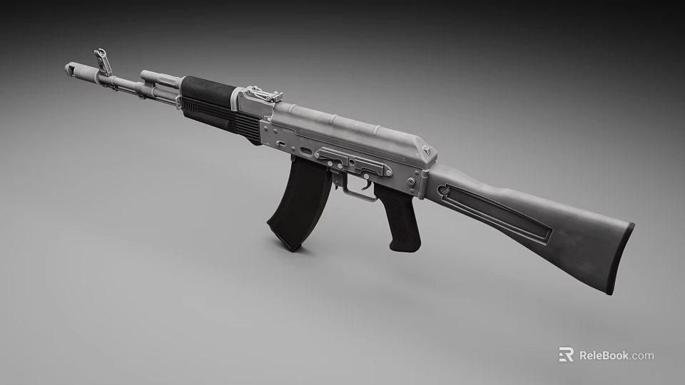 Classic Assault Rifle With Black Grip Silver Metal Body And Wooden Stock 3d model 