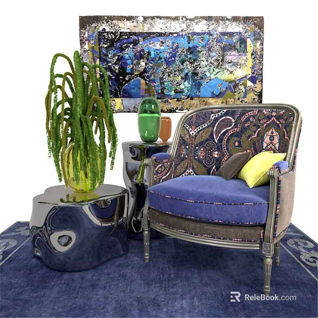 Accent Chair With Blue Cushion Yellow Pillow Green Vase Potted Plant And Artwork On Rug 3d model 